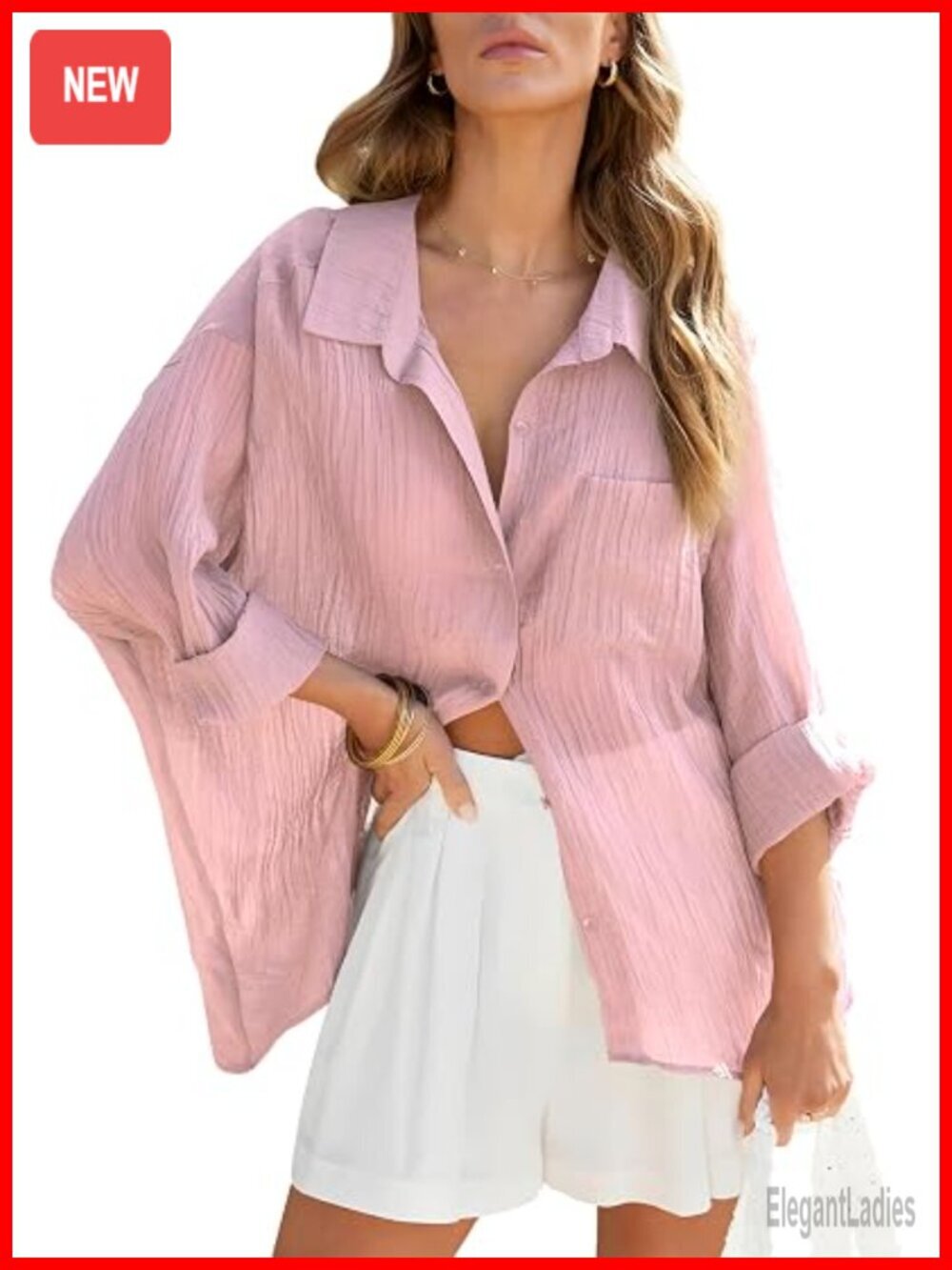 V Neck Button Down Textured Blouse with Pockets Loose Fit Long Sleeve